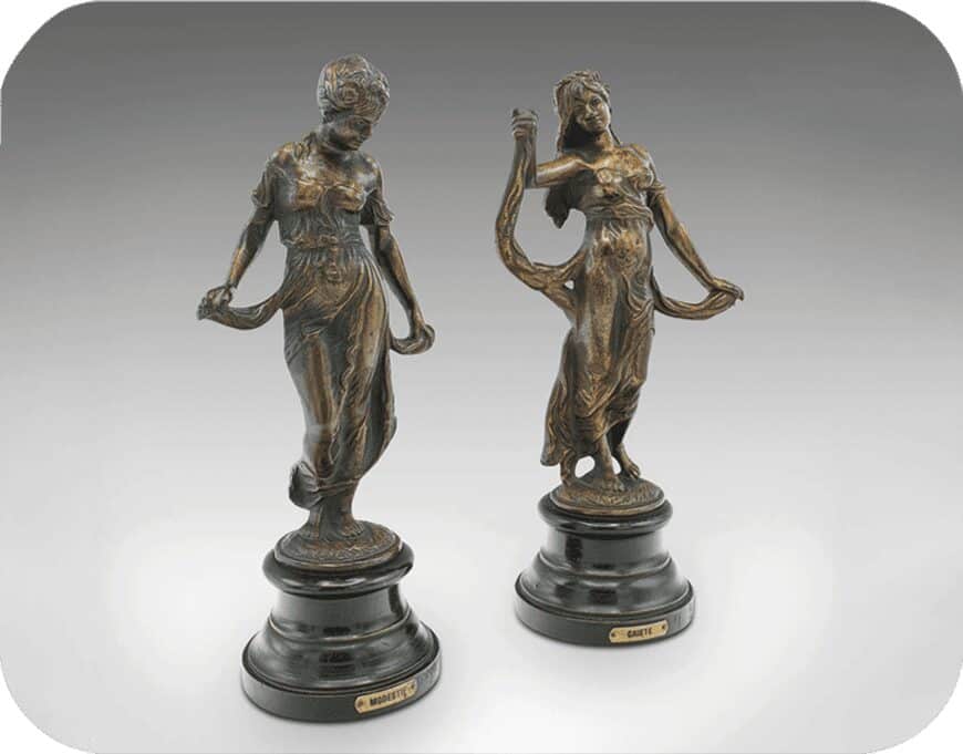 Pair of bronze figures on ebonised socles