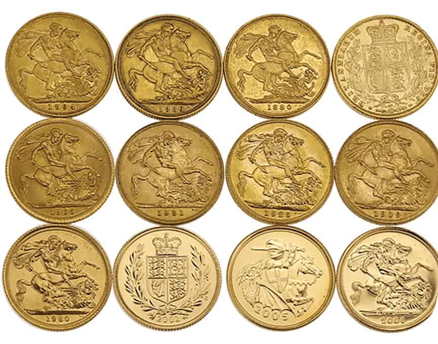 Twelve full gold sovereigns dated 1844 to 2006