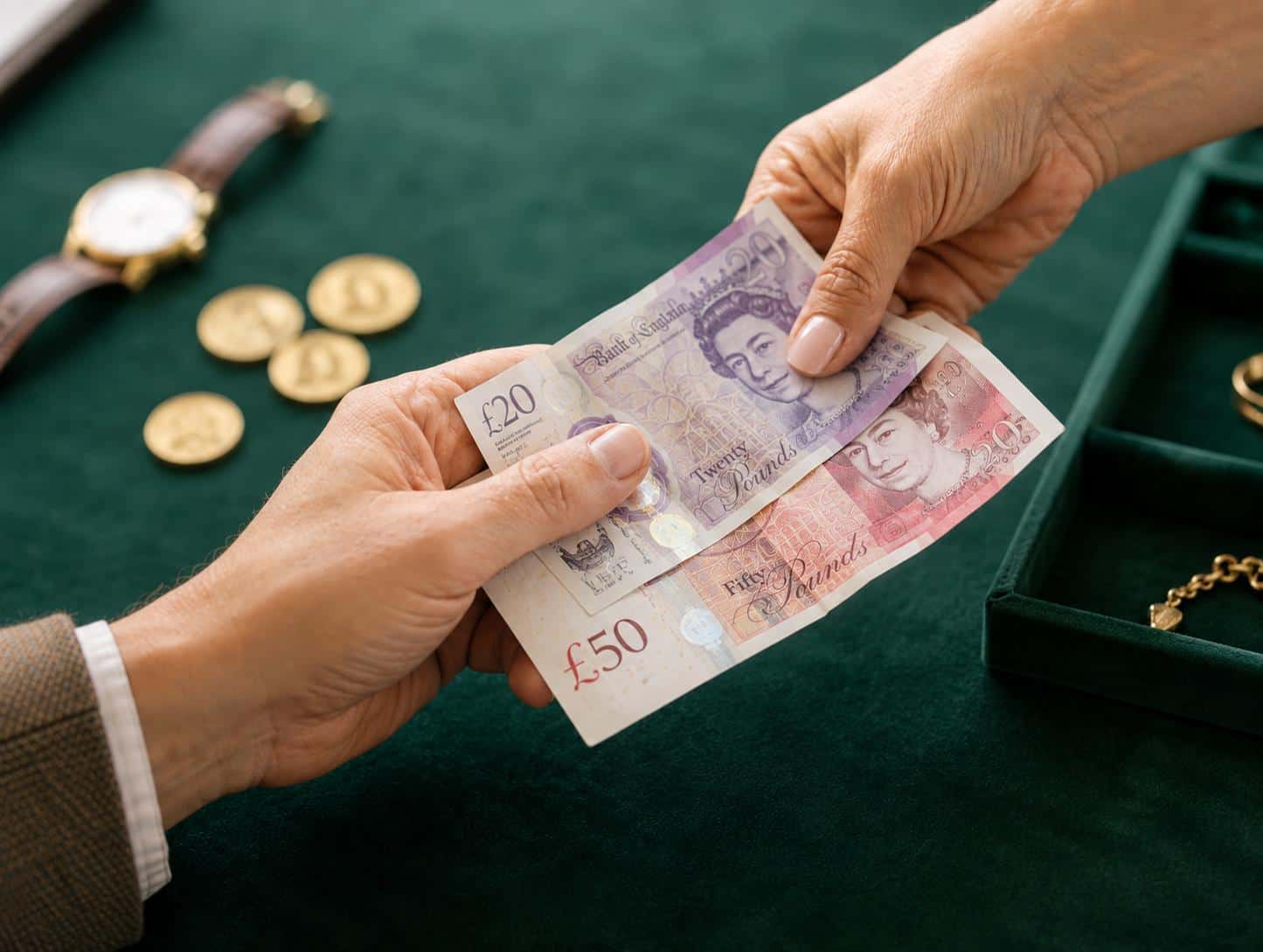 Cash being handed to a customer beside gold sovereigns and a watch on a valuation table