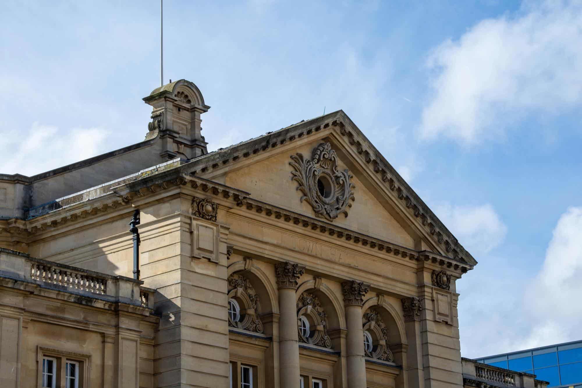 Classical stone town hall facade of the kind used for roadshow valuation events