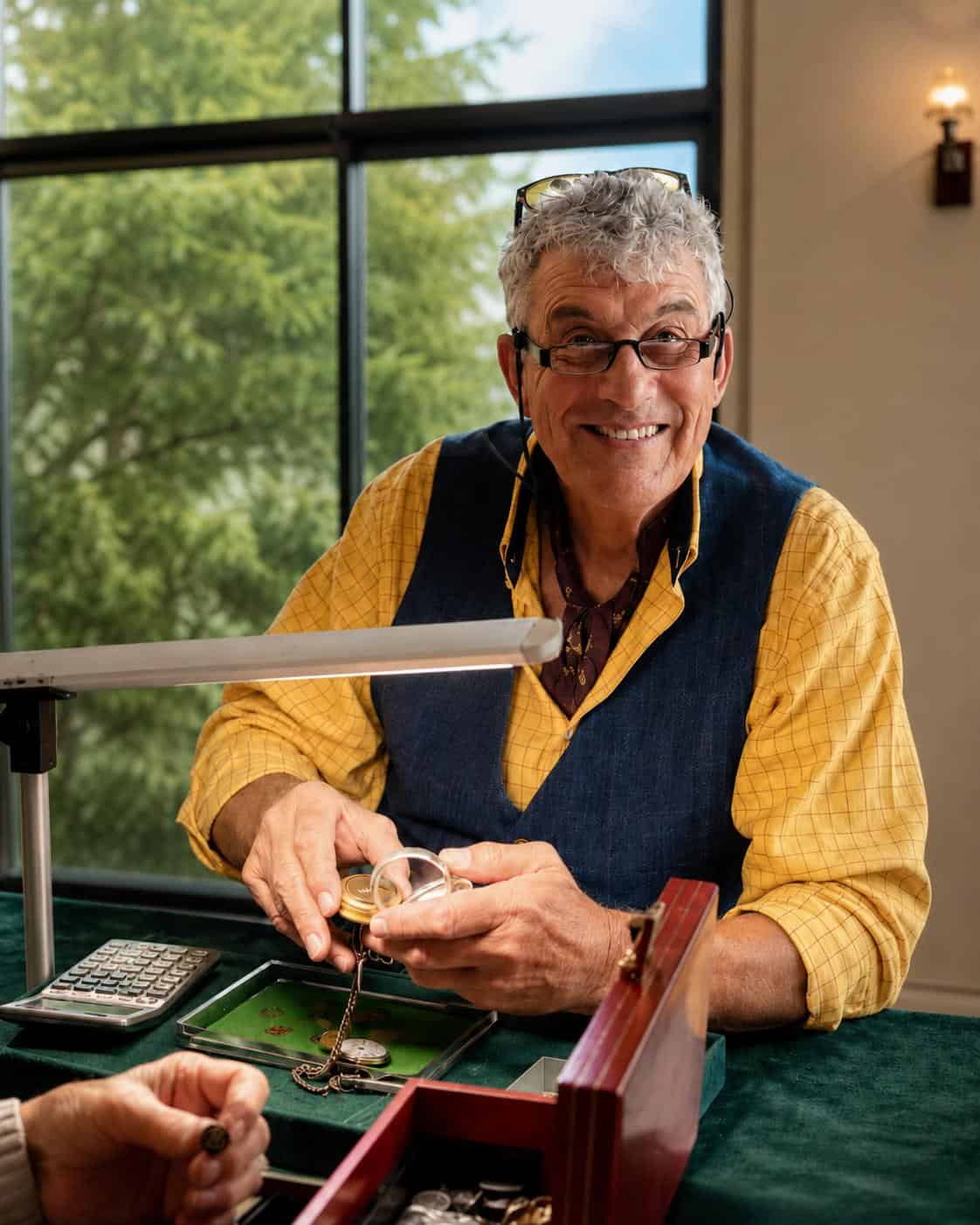 David, owner and antiques specialist, examining a gold pocket watch at a valuation table