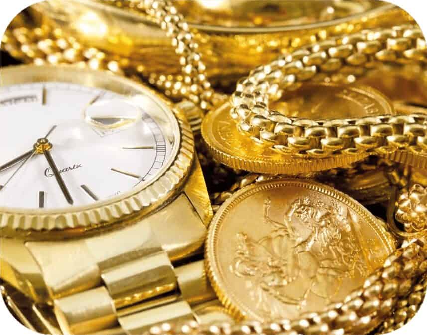 Gold watch, rope chains and sovereigns