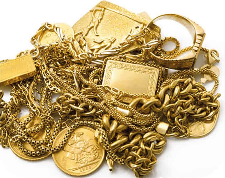 Scrap gold chains, ingots, lockets and sovereigns