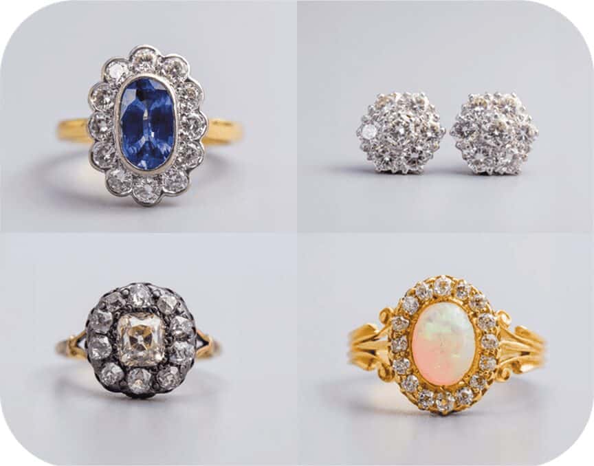 Antique gemstone and diamond cluster rings and earrings