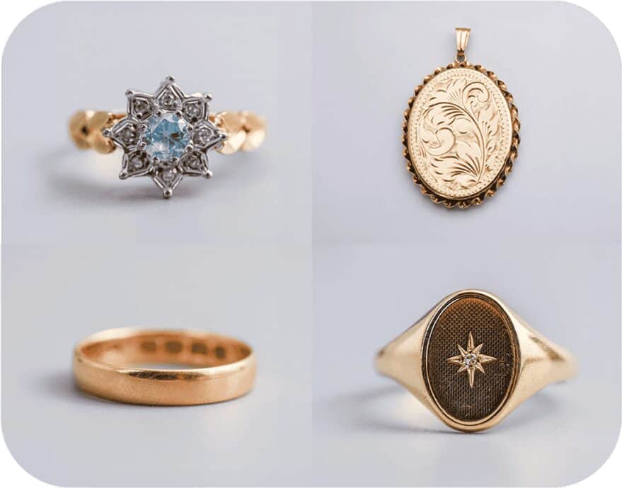 Gold gem-set ring, engraved locket, wedding band and signet ring