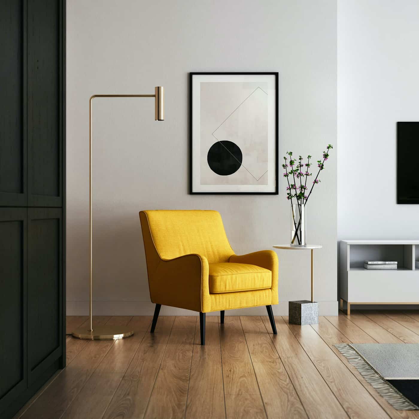 A modern yellow upholstered armchair with a wooden frame