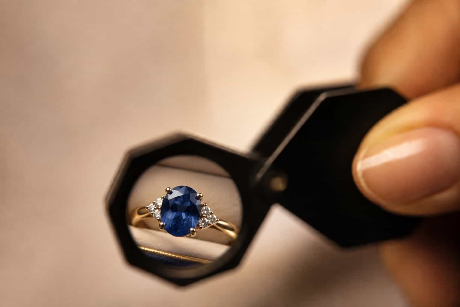 A valuer holding a jeweller's loupe over a sapphire and diamond cluster ring