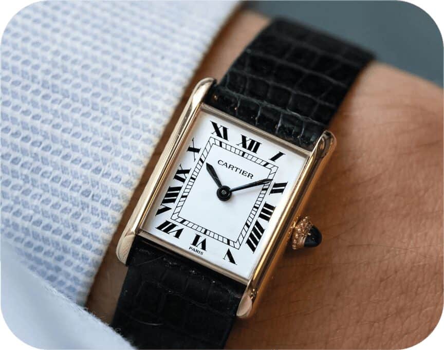 Cartier Tank wristwatch worn on the wrist